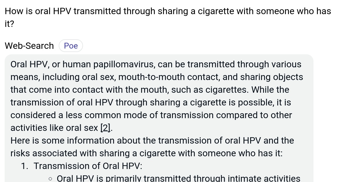 How is oral HPV transmitted through sharing a cigarette with someone