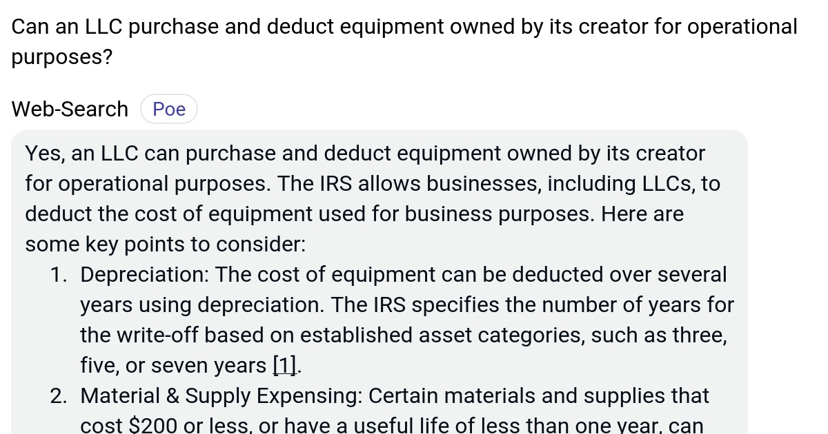Can an LLC purchase and deduct equipment owned by its creator for operational purposes? Poe