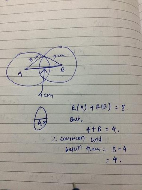 Two circles with radii 5cm and 3cm intersect at two points and the distance between their