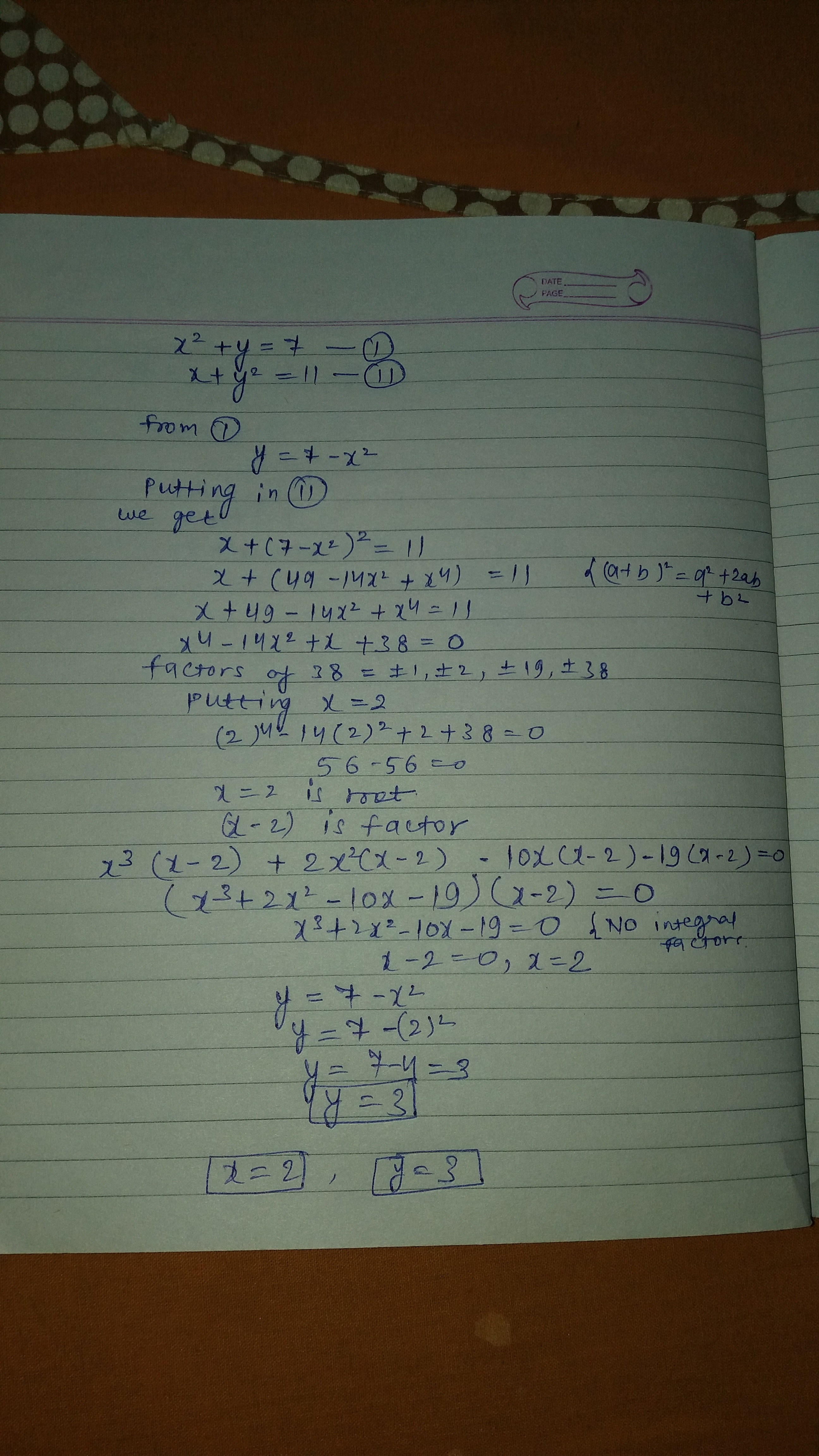 Jika x^2 + y = 7 dan x + y^2 = 11. Tentukan nilai x dan y? - Quora