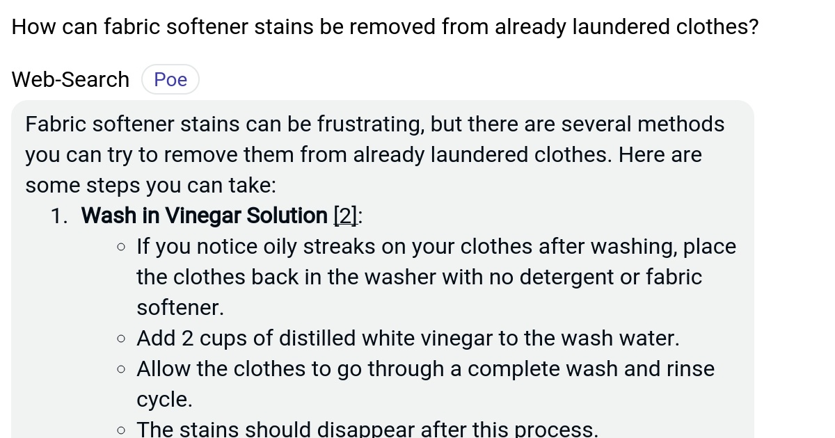 How can fabric softener stains be removed from already laundered clothes? Poe