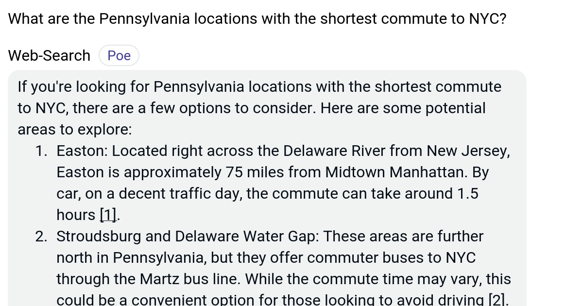 What are the Pennsylvania locations with the shortest commute to NYC? Poe