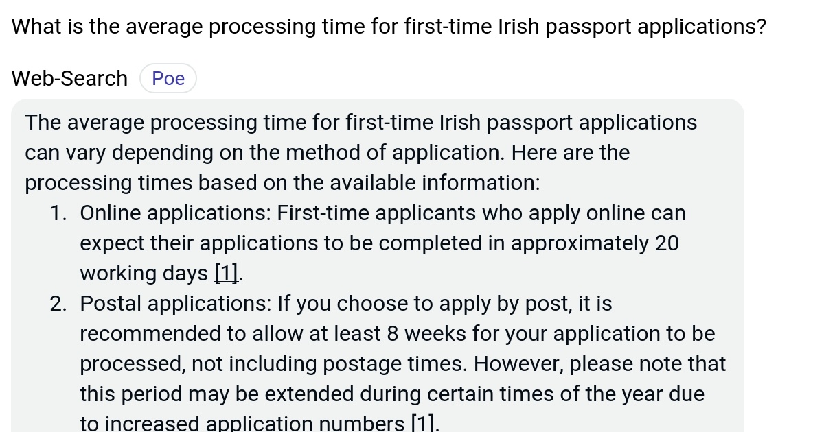 What is the average processing time for firsttime Irish passport