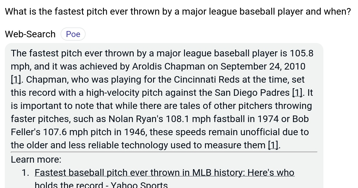 What is the fastest pitch ever thrown by a major league baseball player and when? Poe