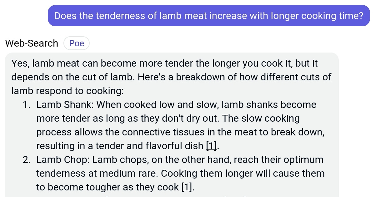 Does the tenderness of lamb meat increase with longer cooking time? Poe