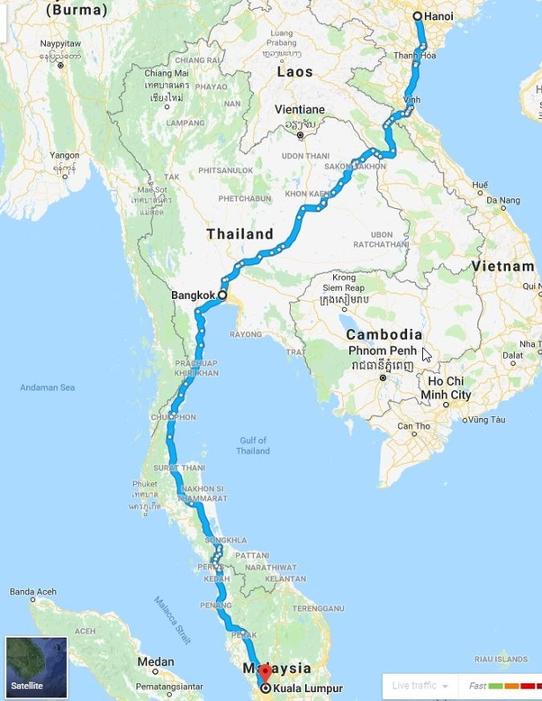 Map of train routes in Singapore, Malaysia, Thailand, Vietnam, Burma