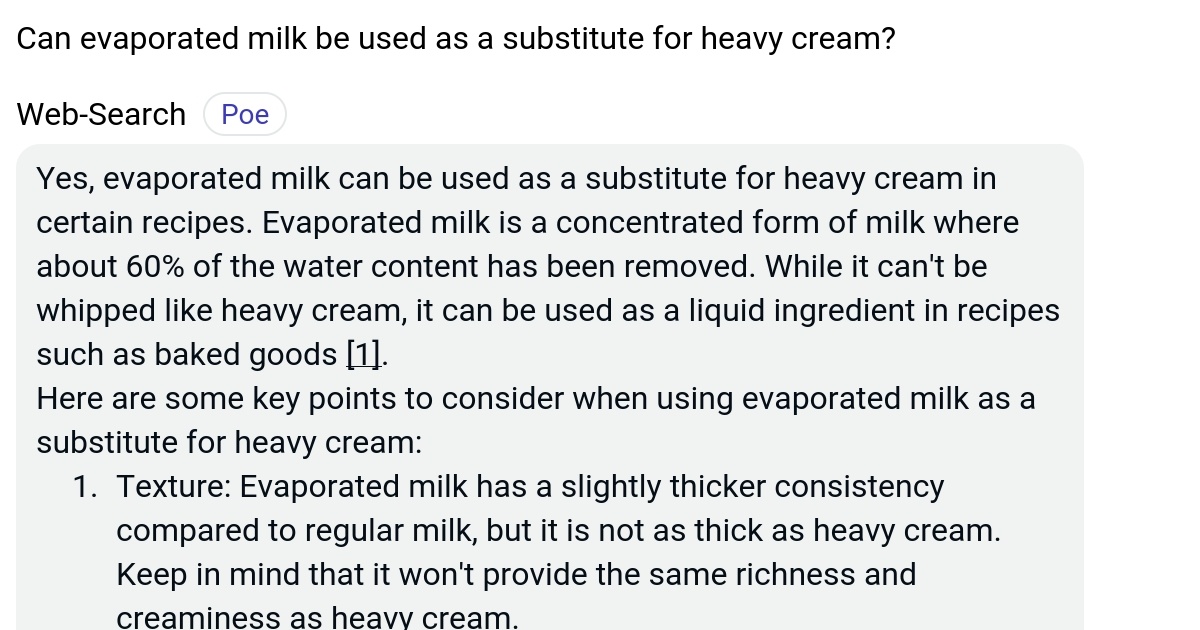 Can evaporated milk be used as a substitute for heavy cream? Poe