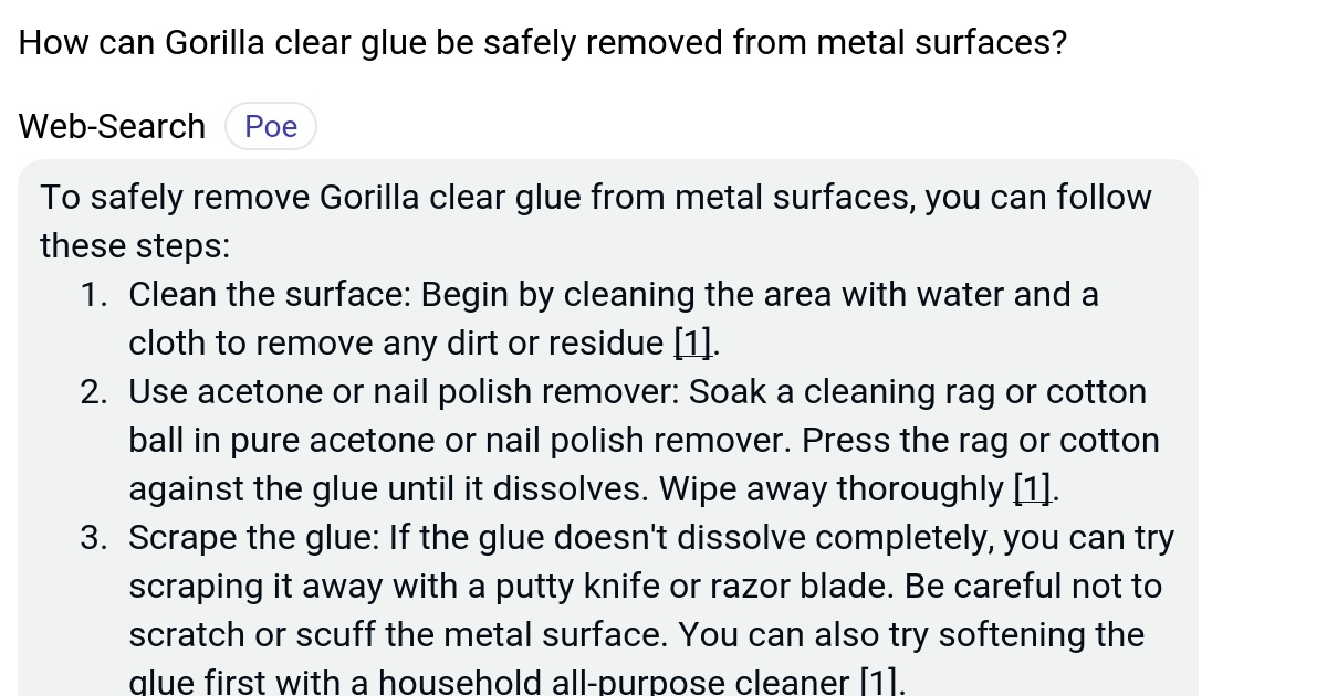 How can Gorilla clear glue be safely removed from metal surfaces? Poe