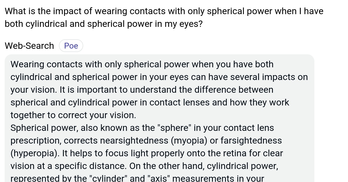 What is the impact of wearing contacts with only spherical power when I