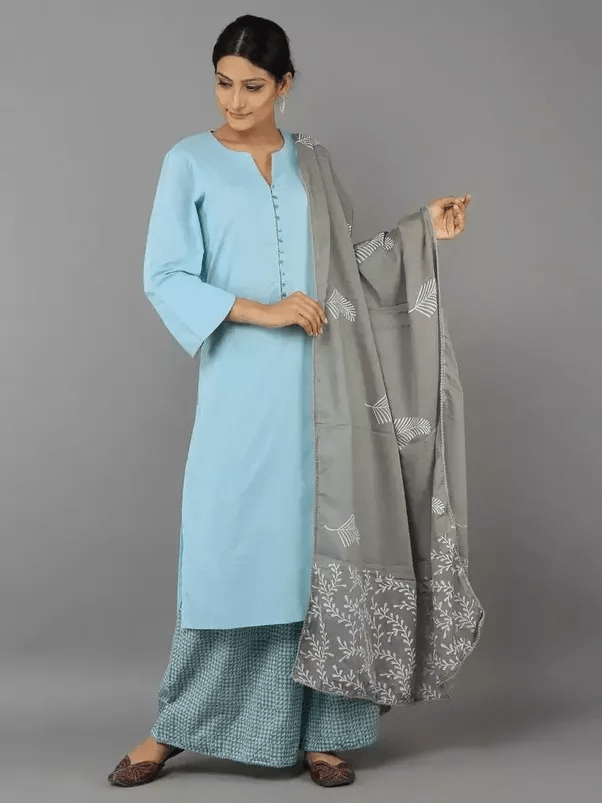 What color dupatta would match a light blue jean color kurta and black