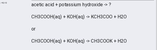 What salt is formed when aqueous potassium hydroxide react with