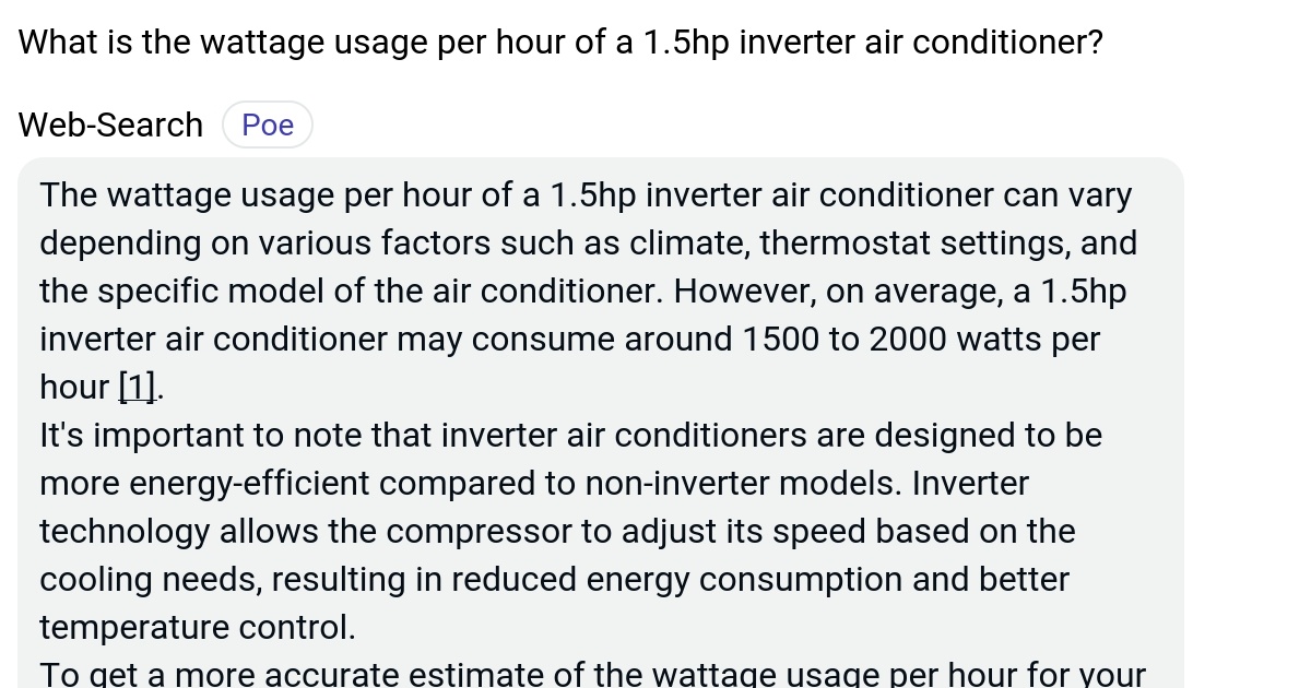 What is the wattage usage per hour of a 1.5hp inverter air conditioner