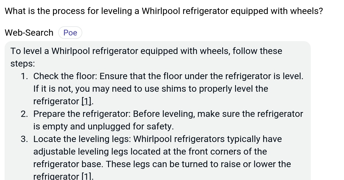 What is the process for leveling a Whirlpool refrigerator equipped with