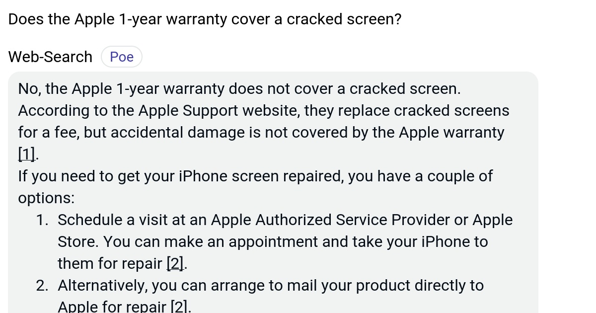 Does the Apple 1year warranty cover a cracked screen? Poe