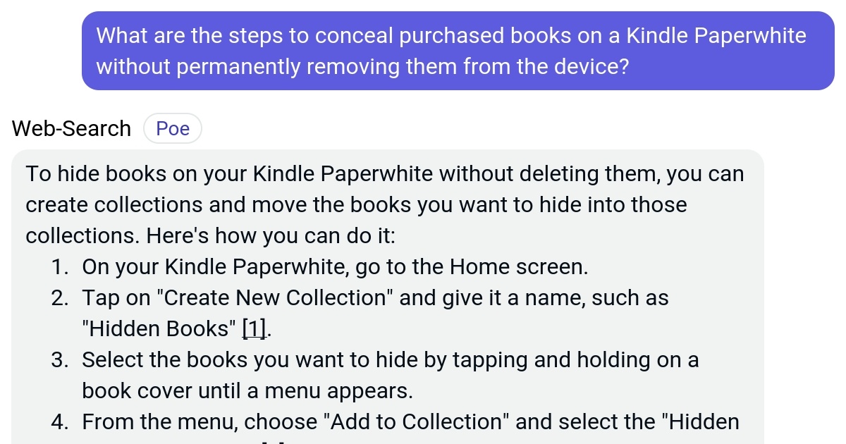 What are the steps to conceal purchased books on a Kindle Paperwhite