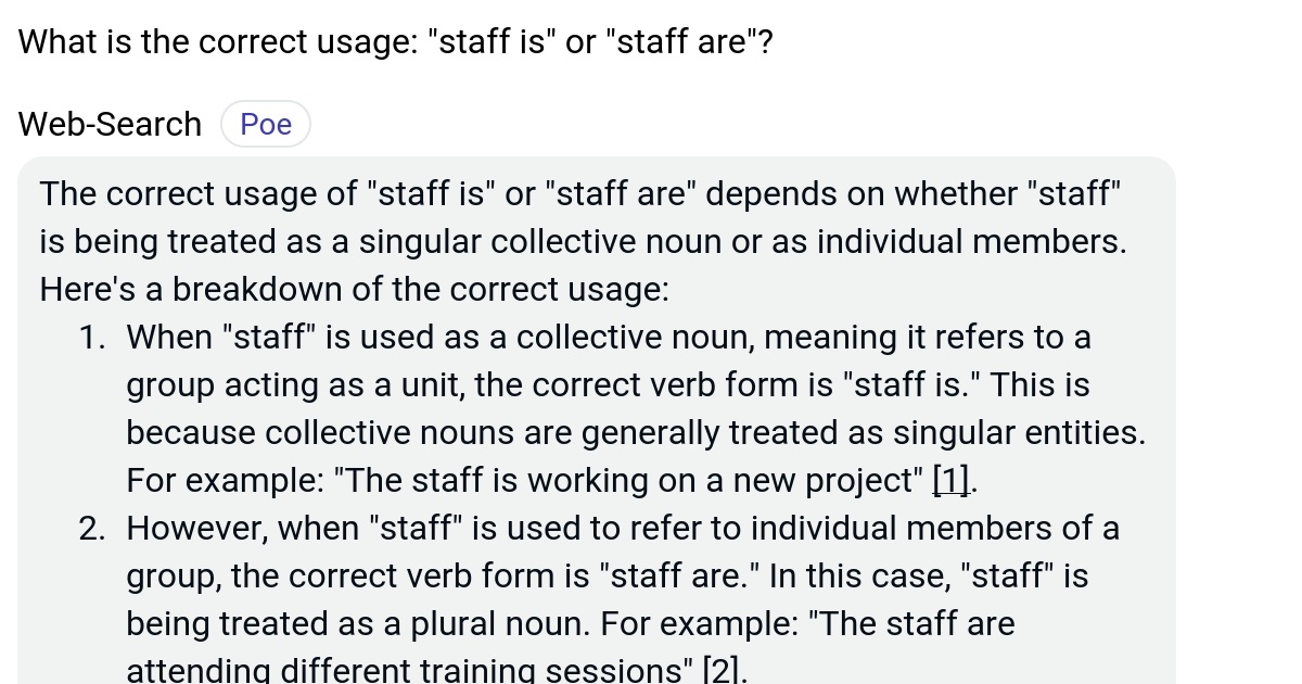 What is the correct usage "staff is" or "staff are"? Poe