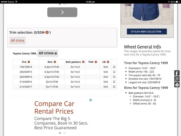 What is the tire size of a 1999 Toyota Camry? Quora