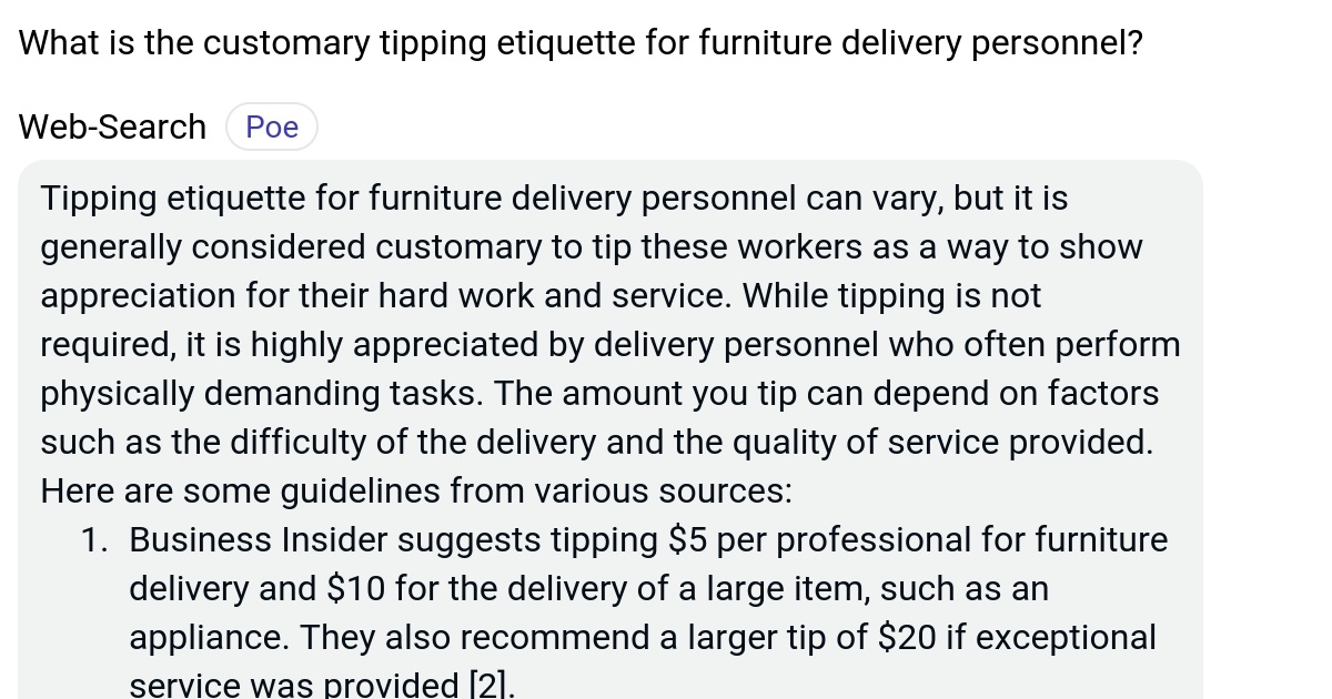 What is the customary tipping etiquette for furniture delivery