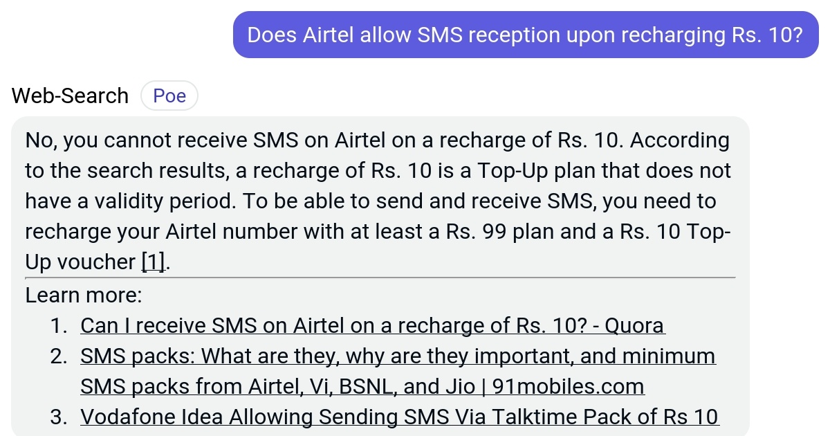 Does Airtel allow SMS reception upon recharging Rs. 10? Poe