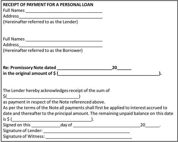What should a receipt of payment for a personal loan payment look like