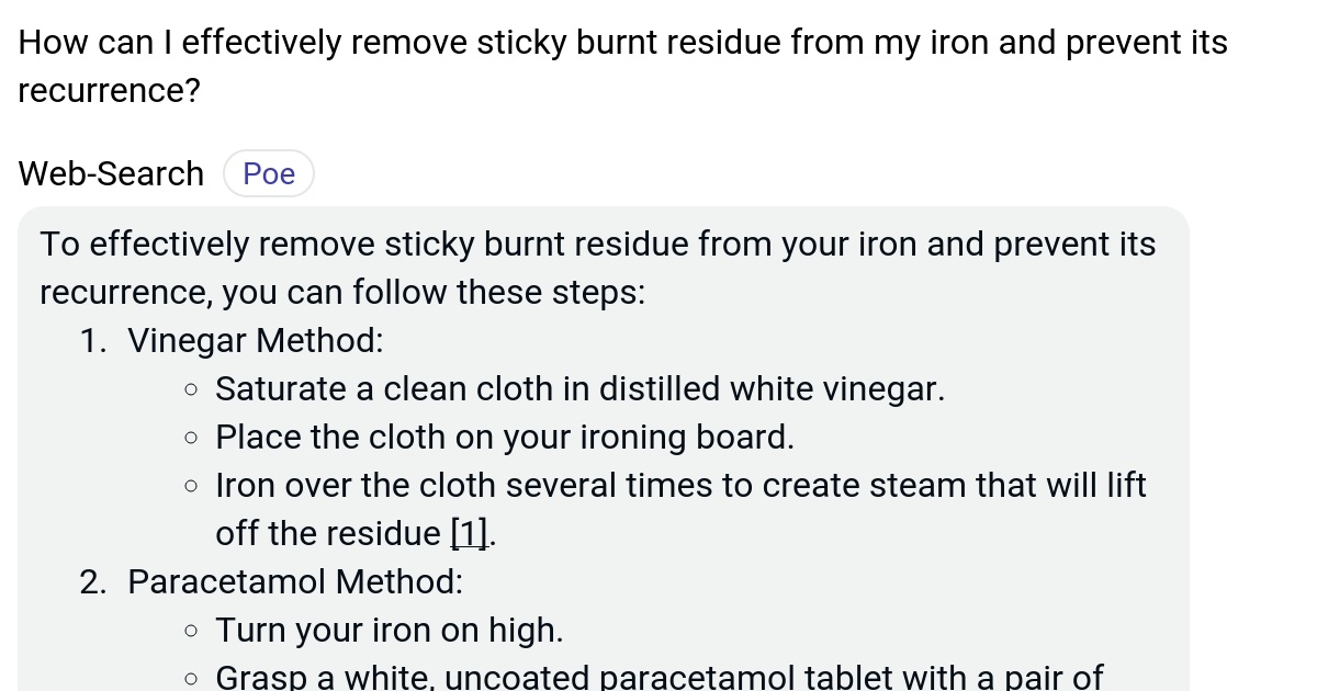 How can I effectively remove sticky burnt residue from my iron and prevent its recurrence? Poe