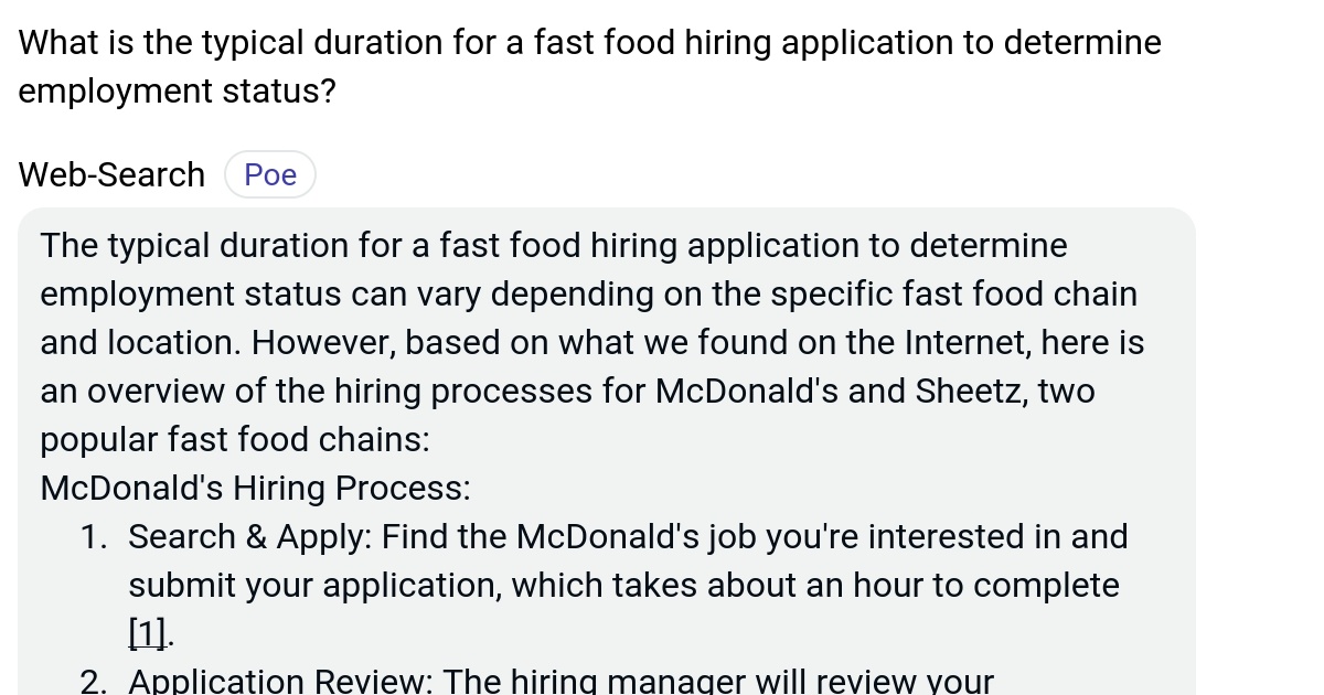 What is the typical duration for a fast food hiring application to