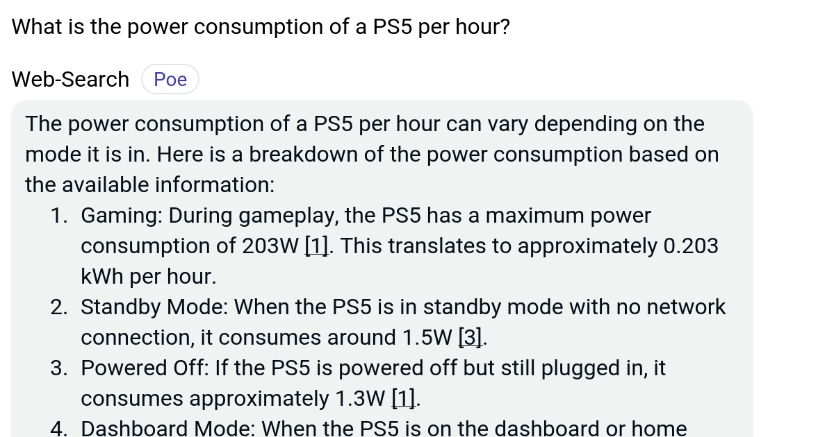 What is the power consumption of a PS5 per hour? Poe