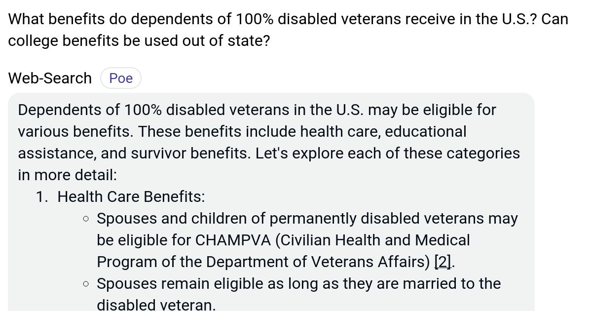 What benefits do dependents of 100 disabled veterans receive in the U