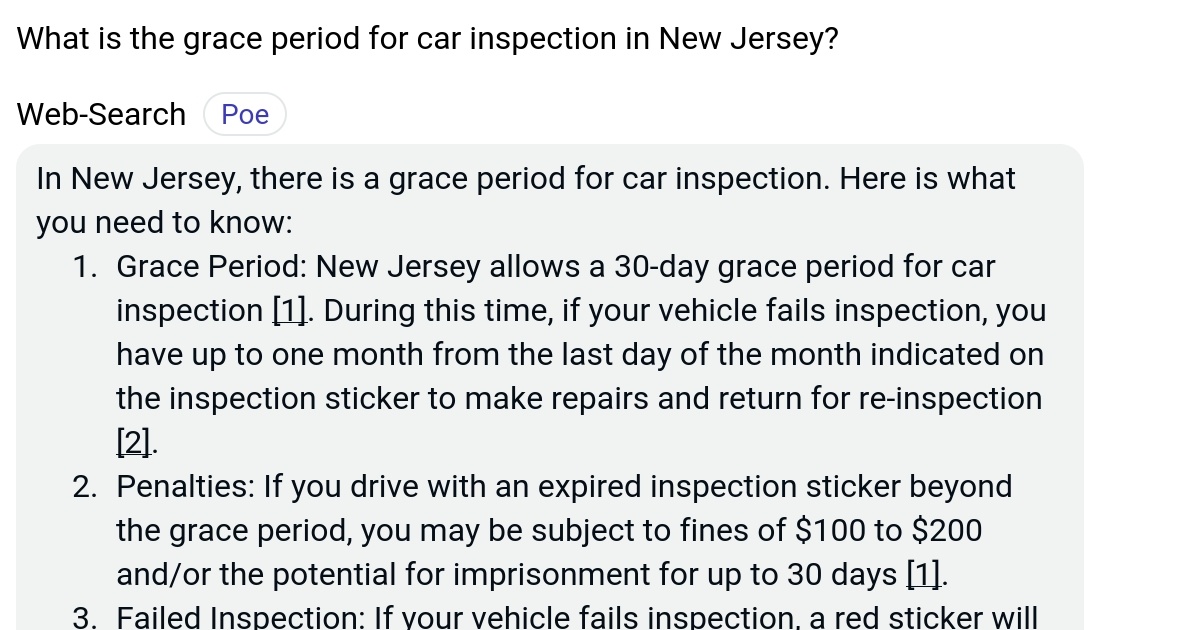 What is the grace period for car inspection in New Jersey? Poe