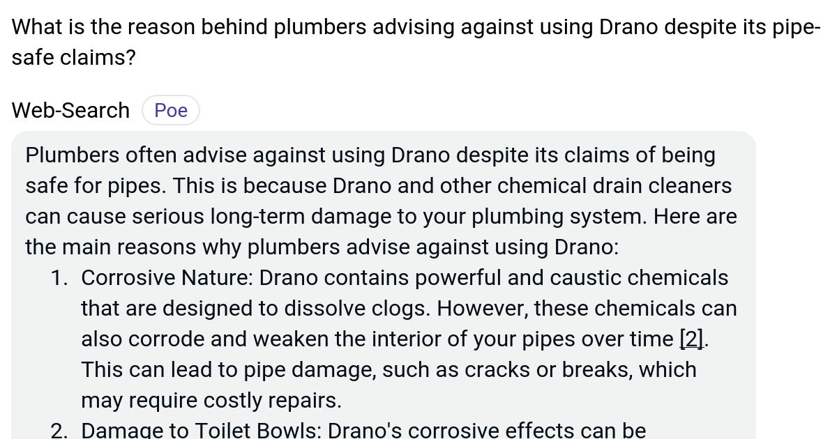 What is the reason behind plumbers advising against using Drano despite