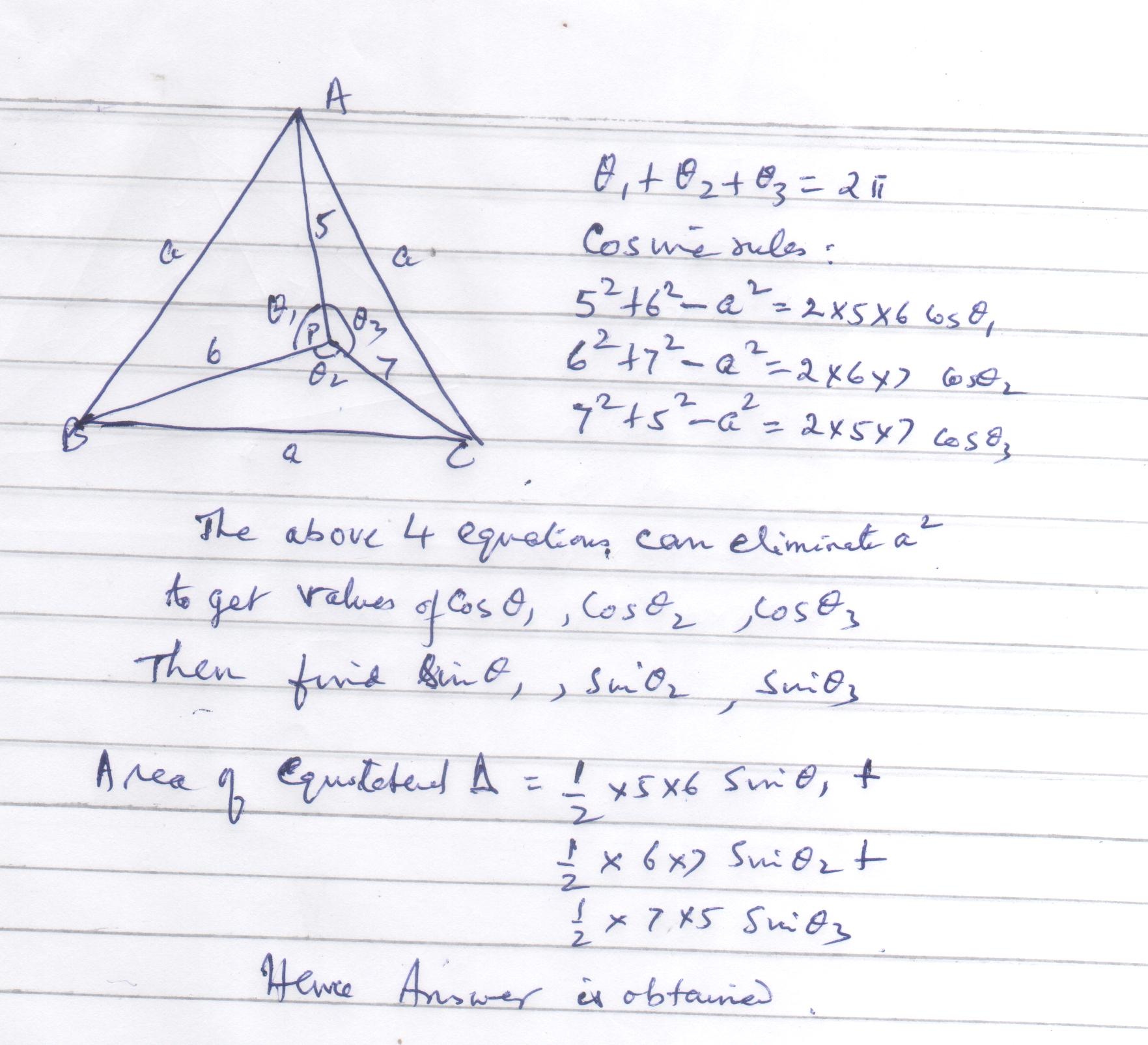 Berapa luas segitiga sama sisi jika sebuah titik di dalam segitiga berjarak  5 cm, 6 cm, dan 7 cm dari titik sudut? - Quora