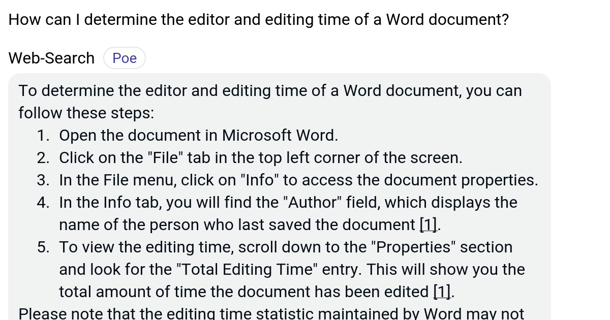 How can I determine the editor and editing time of a Word document? Poe