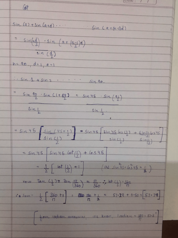 What is the sum of sin 1+ sin 2+sin3+……..sin 90? Quora