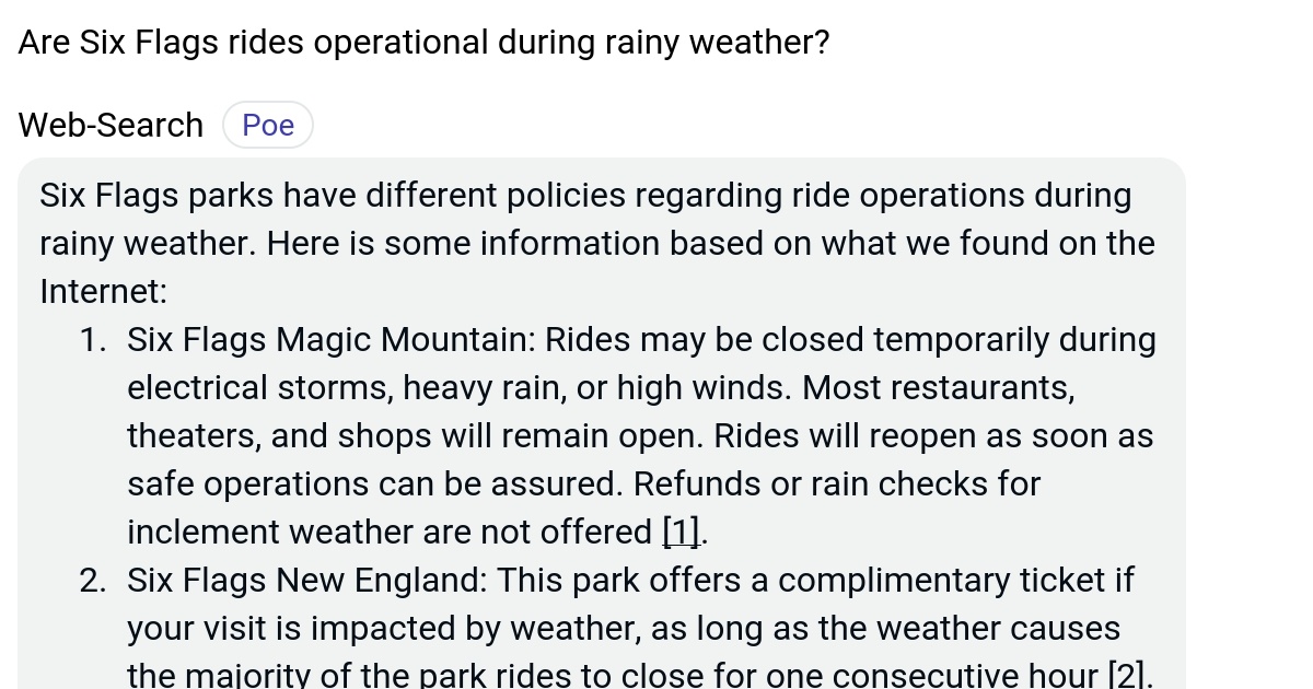 Are Six Flags rides operational during rainy weather? Poe