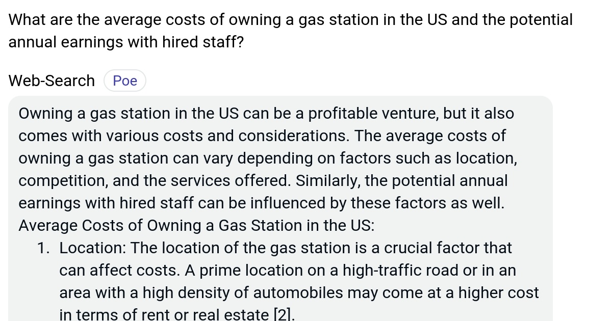 What are the average costs of owning a gas station in the US and the
