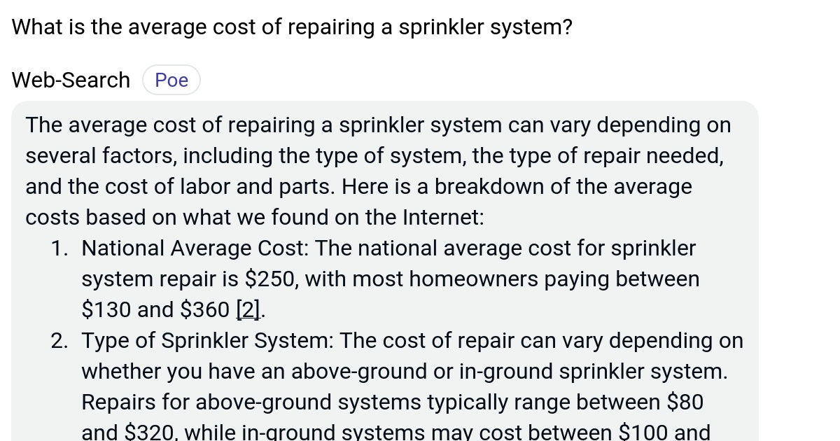What is the average cost of repairing a sprinkler system? Poe