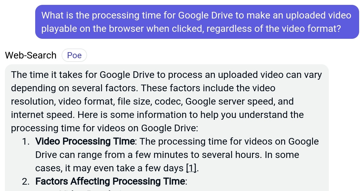What is the processing time for Google Drive to make an uploaded video