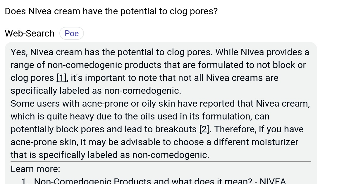 Does Nivea cream have the potential to clog pores? Poe