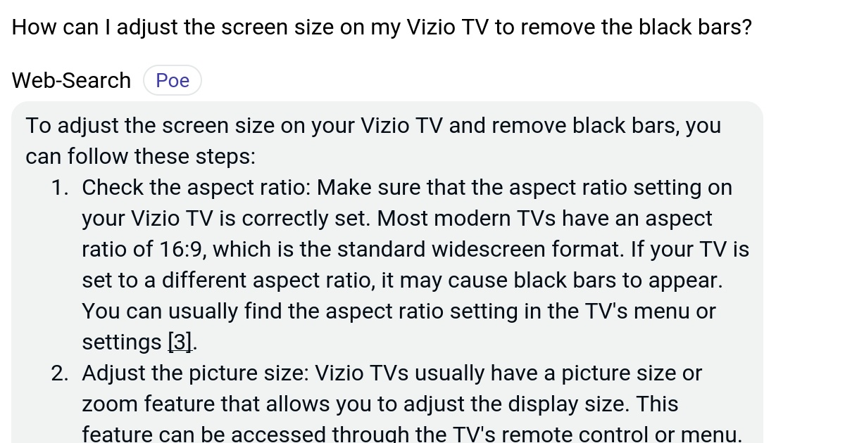 How can I adjust the screen size on my Vizio TV to remove the black