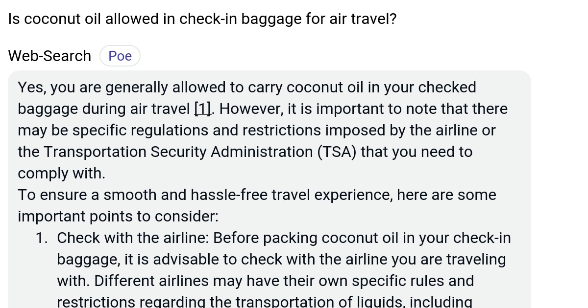 Is coconut oil allowed in checkin baggage for air travel? Poe