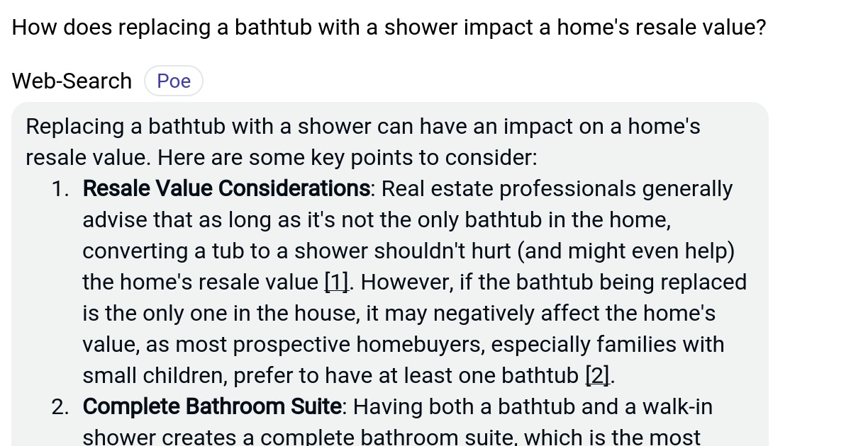 How does replacing a bathtub with a shower impact a home's resale value