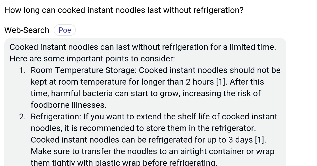 How long can cooked instant noodles last without refrigeration? Poe