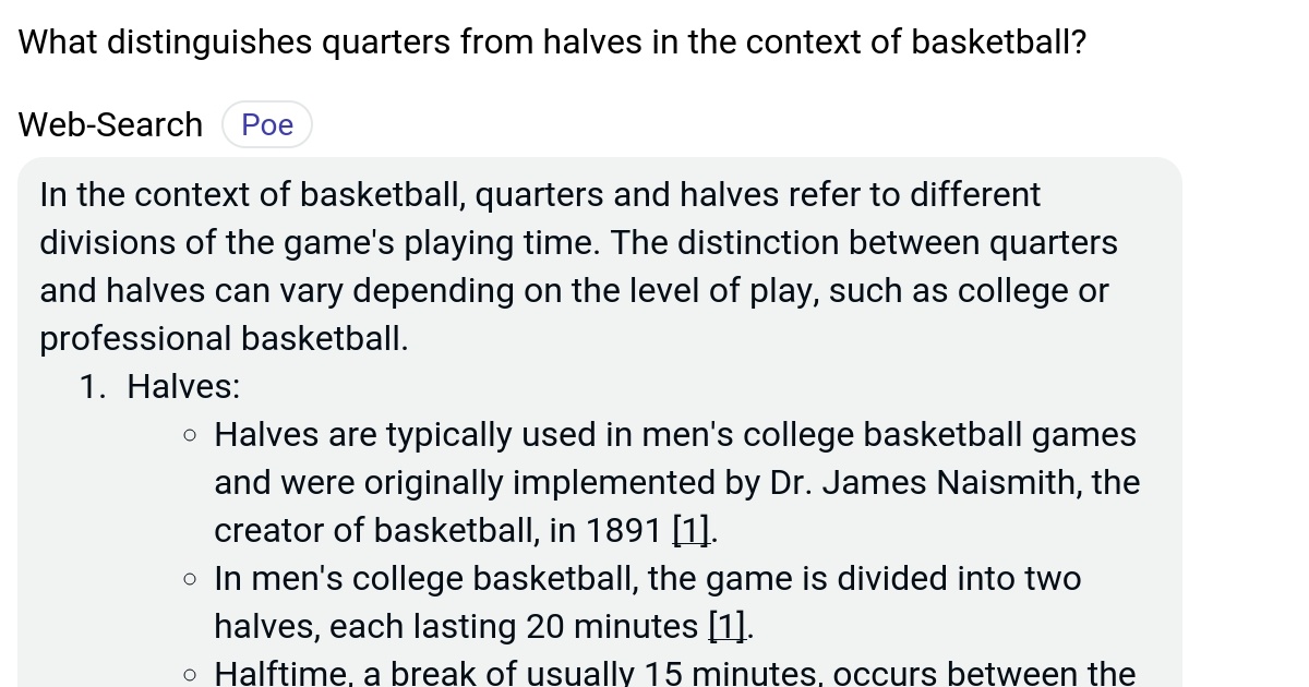 What distinguishes quarters from halves in the context of basketball? Poe