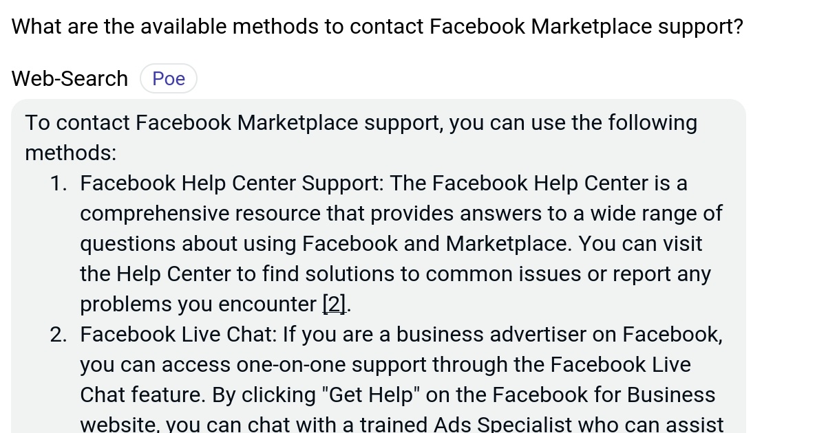 What are the available methods to contact Facebook Marketplace support