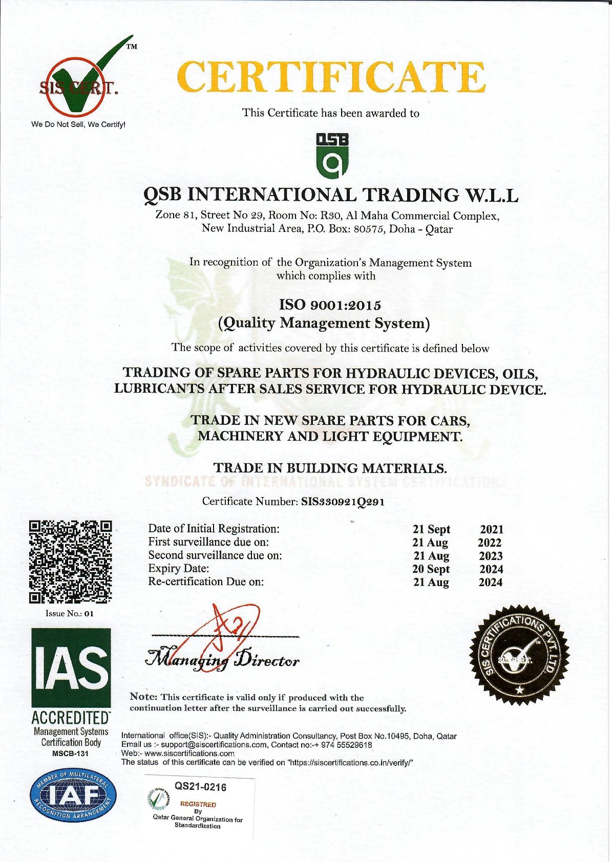 Certificates QSB International Trading W.L.L