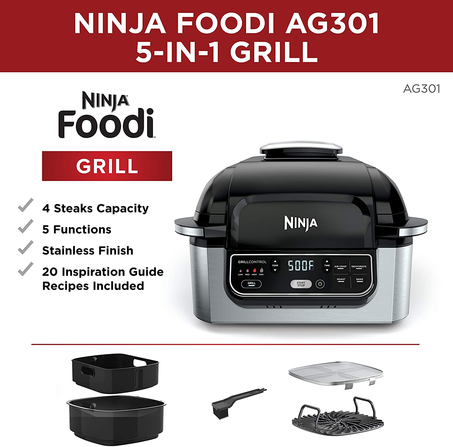 Ninja Foodi AG301 5in1 Indoor Electric Countertop Grill with 4Quart