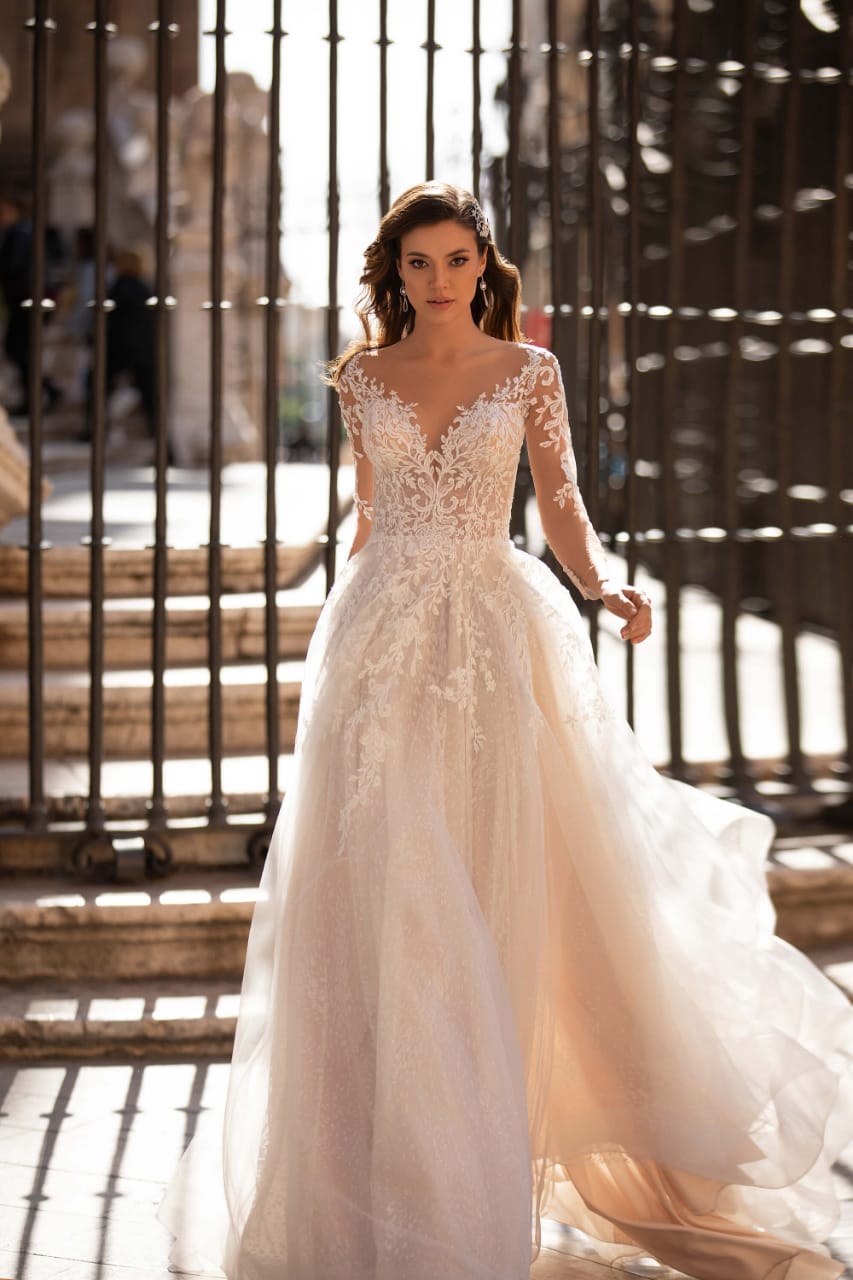 Vestido de Novia Estilo Princesa Manga Larga Espalda en V con Hermosos