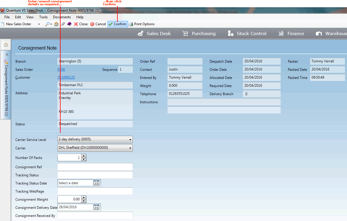 Printing/Confirming A Consignment Note Manually