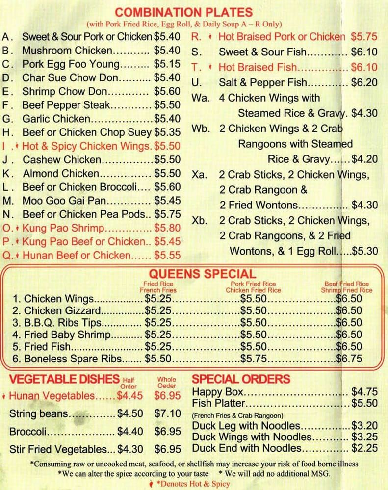 Menu Queen's Chinese