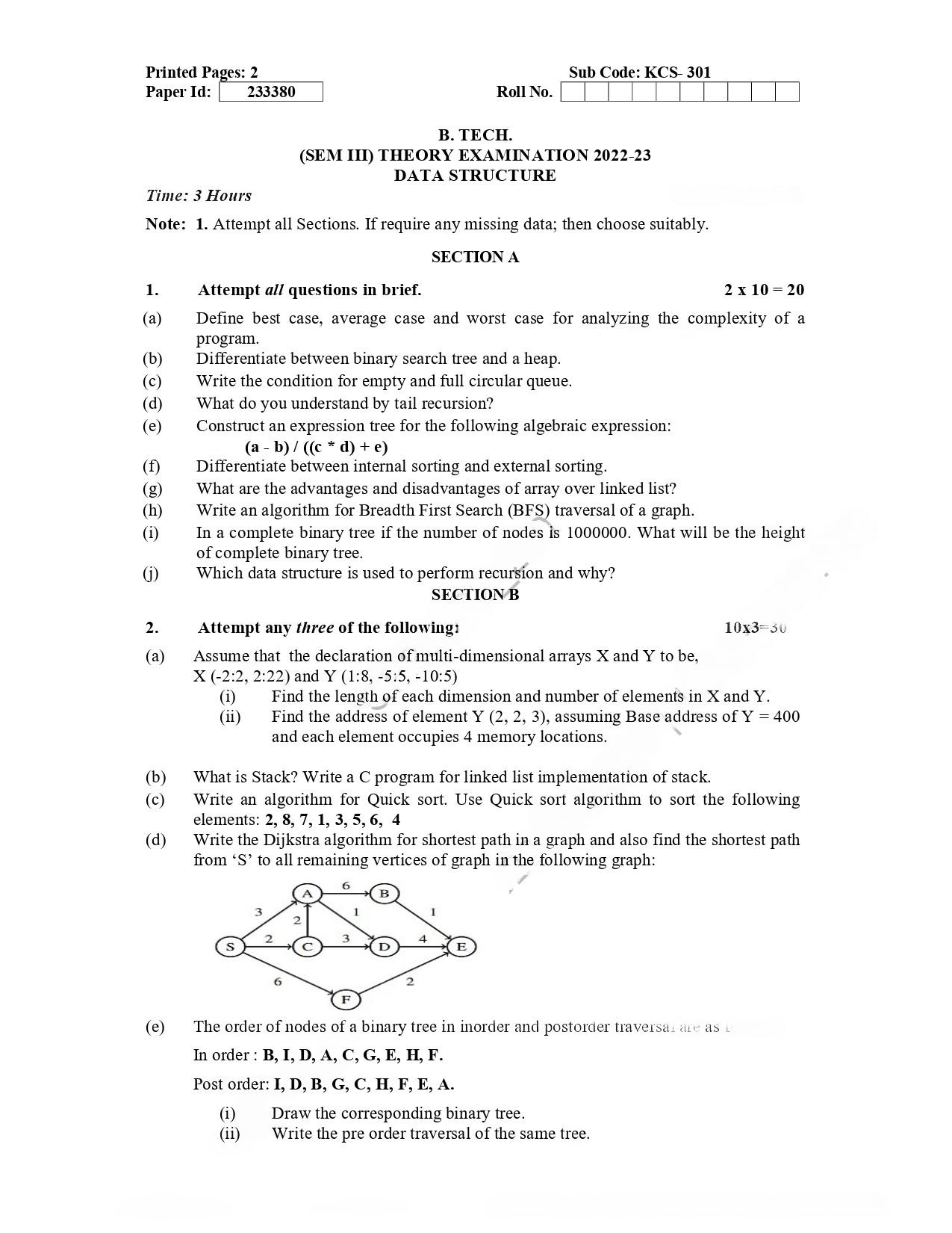 [PDF] Download AKTU B Tech CS Data Structure Question Paper (2223), KCS301 Quescol